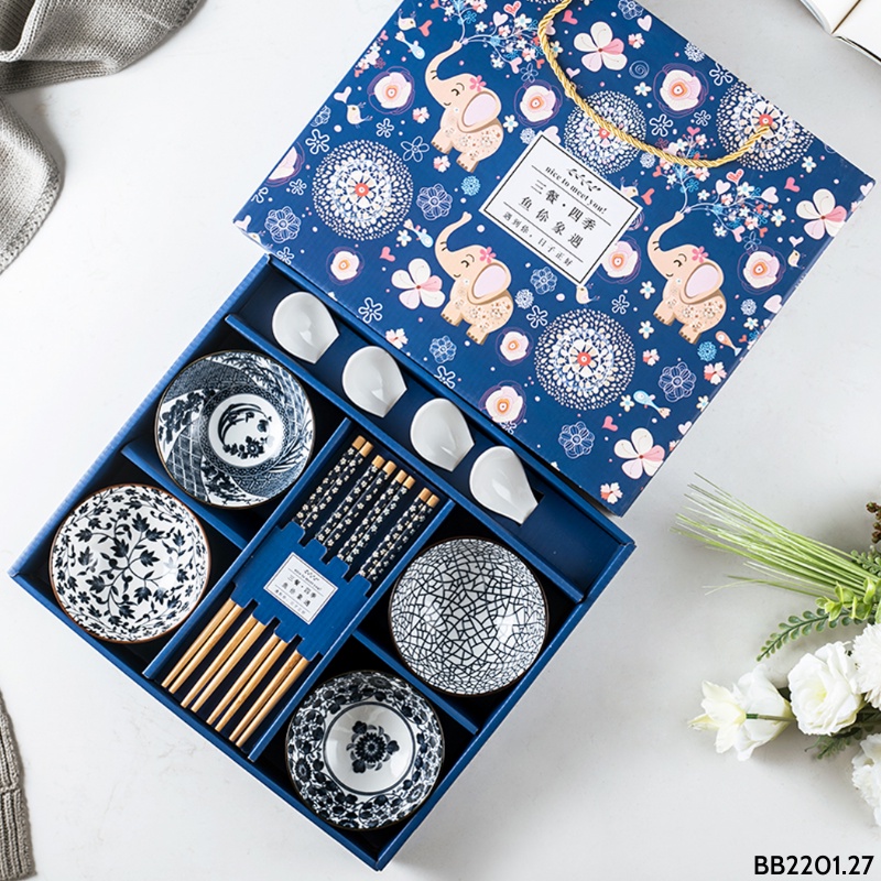 Bộ bát ăn cơm làm quà tặng tân gia , set bát đĩa sứ làm quà tặng Alifis