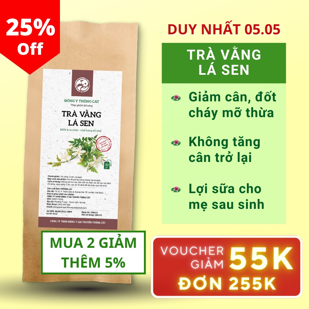 Giảm cân an toàn lợi sữa Trà Vằng Lá Sen_Trà túi lọc thảo mộc Detox giảm mỡ bụng mỡ đùi sau sinh, thanh nhiệt_Thông Cát