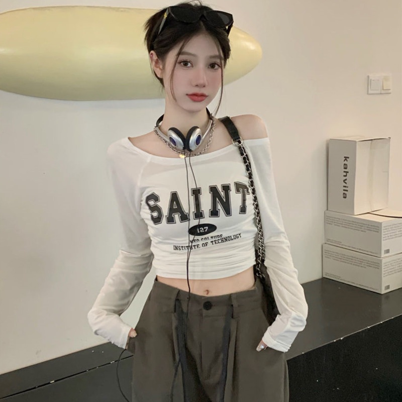 Áo Thun Tay Dài Lệch Vai Màu Trắng Phong Cách Cổ Điển Thời Trang Mùa Hè Xinh Xắn Cho Nữ