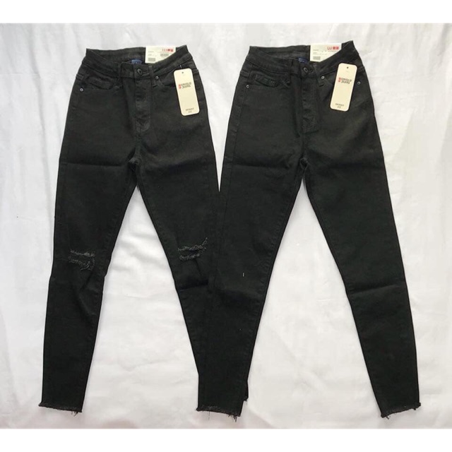 Quần skinny 9 tấc đen tua lai trơn &amp; rách gối
