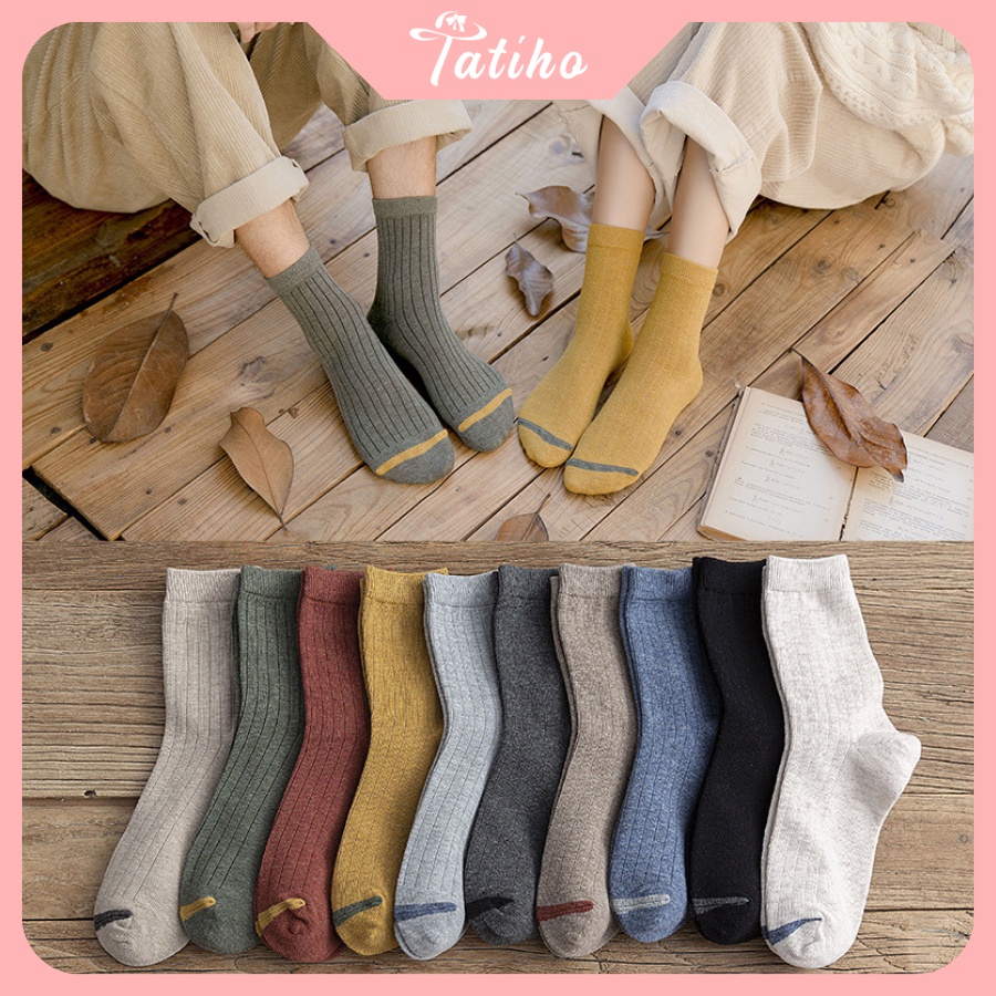 Vớ Tất Cotton Trơn Cổ Cao Nam Nữ Trơn Sọc Thời Trang Thu Đông Phong Cách Hàn Quốc - Tatiho - Mã TV019