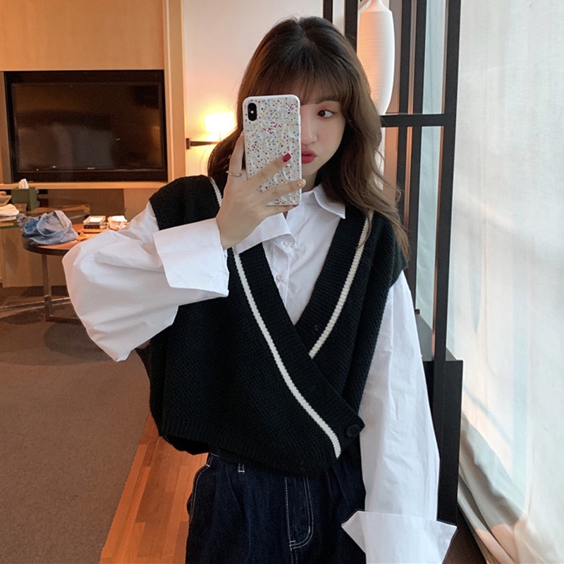 Áo len dệt kim cổ chữ V phong cách Hàn Quốc thời trang mùa thu 2021