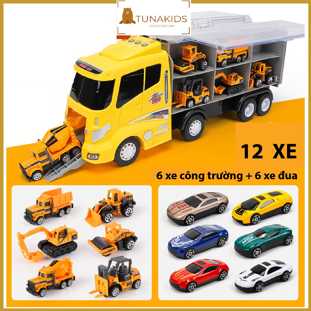 Đồ chơi mô hình xe container chở 12 xe ô tô con, xe cứu hỏa, máy bay,... có đèn và âm thanh cho bé TunaKids