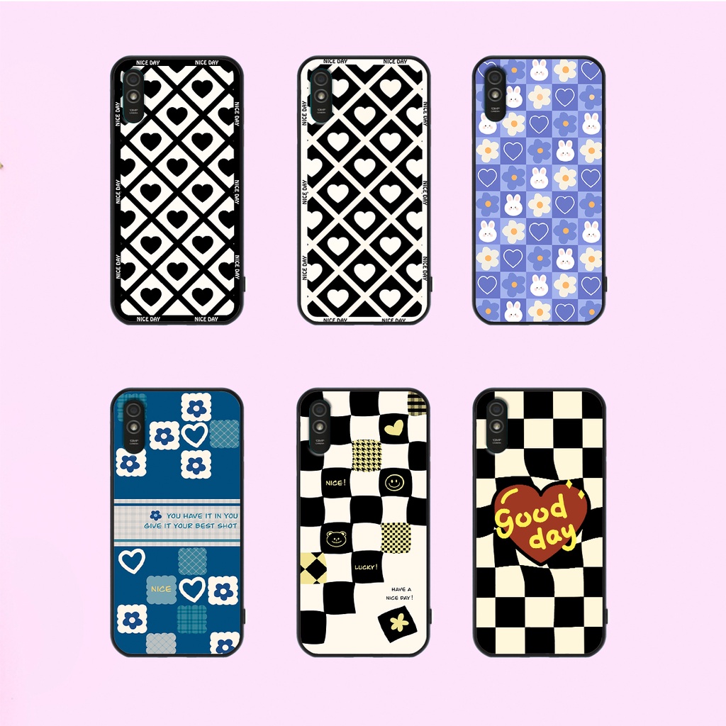 Ốp lưng Xiaomi Redmi 9A in hoạ tiết caro trái tim đen trắng, gấu bear cute đáng yêu