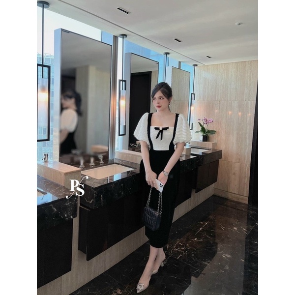 [ 𝐅𝐑𝐄𝐄 𝐒𝐇𝐈𝐏 ]  VÁY NHUNG PHỐI REN KÈM NƠ NGỌC SANG CHẢNH QUÁ