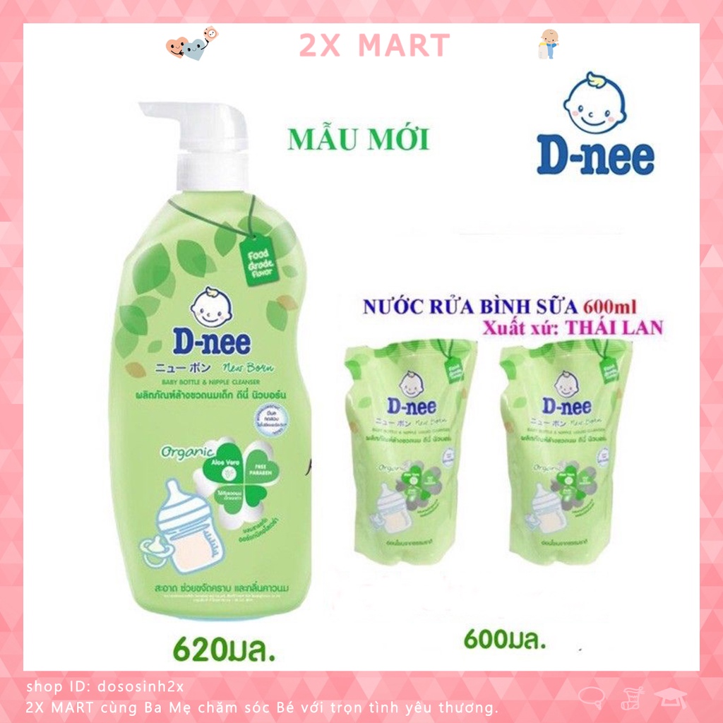 Nước rửa bình sữa Dnee Organic túi 600ml chai 620ml Date mới