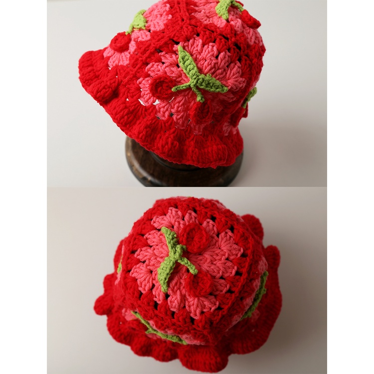 Mũ Bucket Len Dệt Kim Thủ Công In Hình Cherry Phong Cách Nhật Bản Dễ Thương