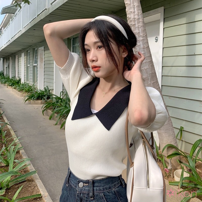 Áo Sơ Mi Dệt Kim Tay Ngắn Dáng Rộng Phong Cách Retro Dành Cho Nữ