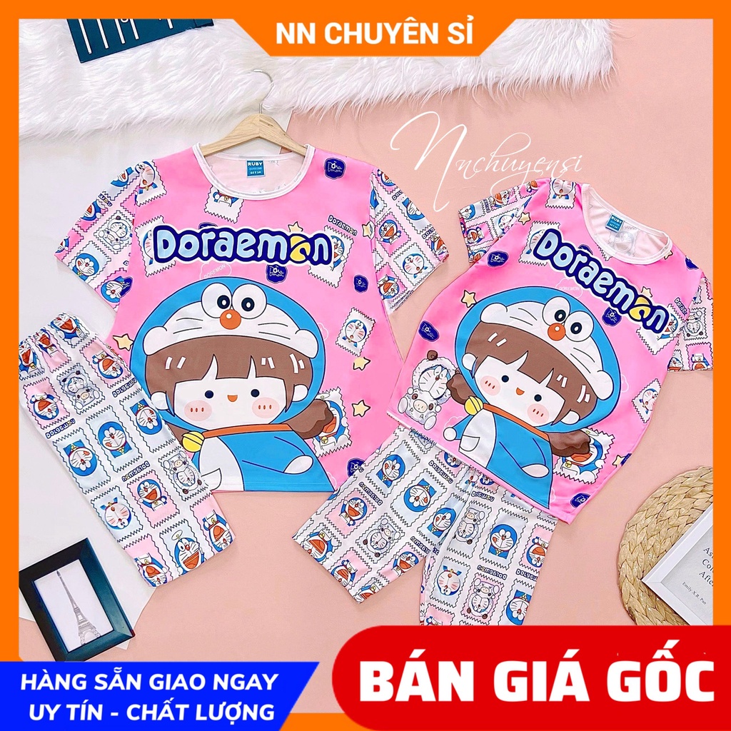 Đồ bộ thun QUẦN LỬNG cho mẹ và bé size đến 70kg chất thun mềm mát in hình Doremon hoạt hình dễ thương DBRBL FULL SIZE