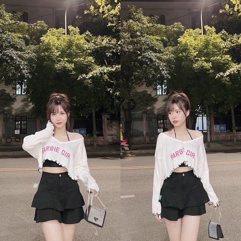 Set áo len dài tay gồm áo khoác mỏng GIRL mix áo 2 dây chất len dệt kim QC