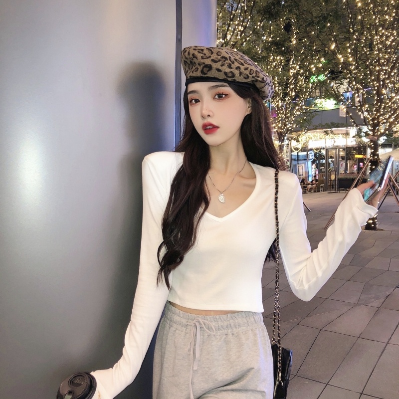 ZHELIHANGFEI Áo Thun Tay Dài Cổ Chữ V Hở Eo Quyến Rũ Trẻ Trung Hợp Thời Trang