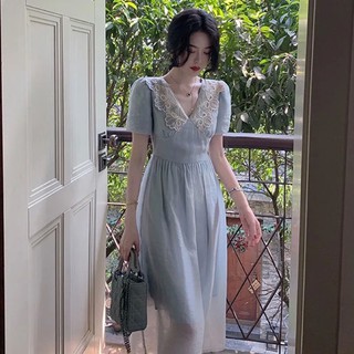 Váy xanh cổ ren hoa dáng xoè dài/ ngắn vinatge tiểu thư