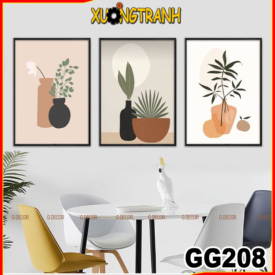 Tranh treo tường canvas 3 bức phong cách Bắc Âu 208, tranh lọ hoa trang trí phòng khách, phòng ngủ, phòng ăn,spa