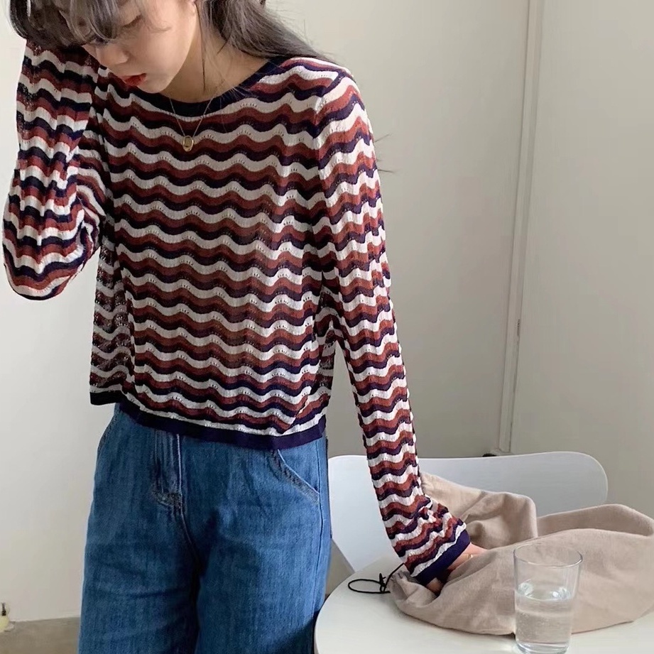 【ZHELIHANGFEI】 / Áo Thun Dáng Rộng Họa Tiết Sọc Ngang Màu Sắc Tương Phản Phong Cách Hong Kong Thời Trang Mùa Hè Cho Nữ