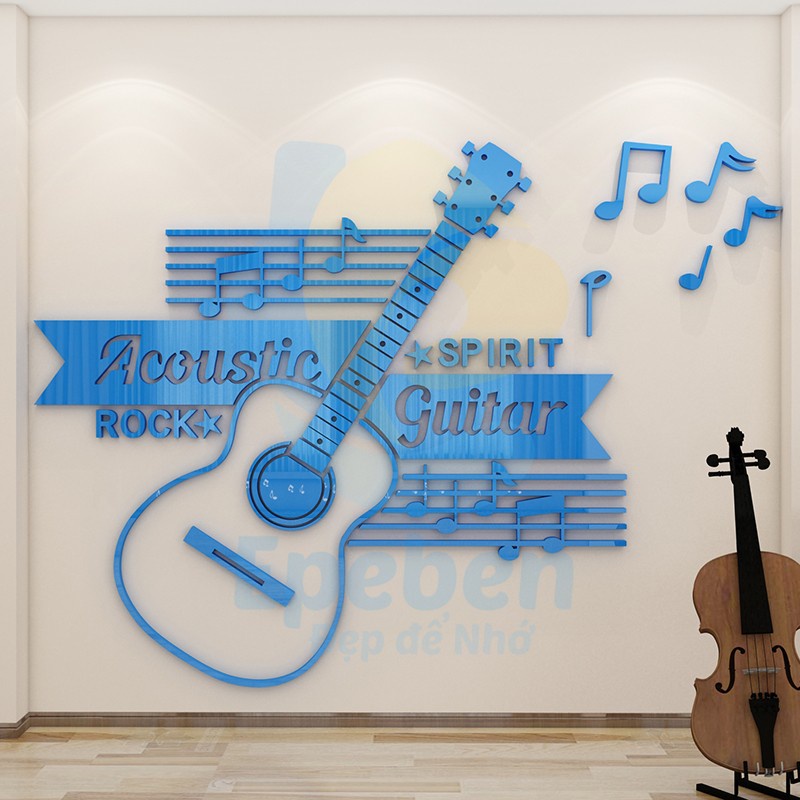 Tranh dán tường mica 3d decor khổ lớn acoustic guitar spirit rock trang trí phòng nhạc Nhiều Size - EPeBen
