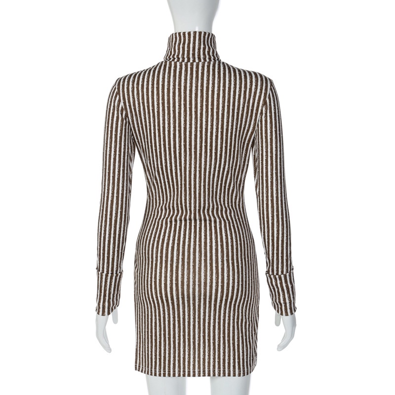 Đầm Tay Dài Cổ Cao Xẻ Tà Họa Tiết Kẻ Sọc Thời Trang Cho Nữ