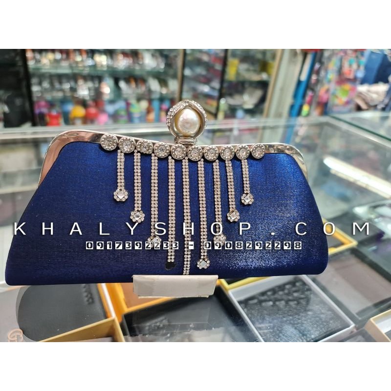 Bóp đầm clutch dạ hội dự tiệc sang trọng đeo chéo xách tay màu xanh kiểu khóa hột châu lấp lánh siêu xinh