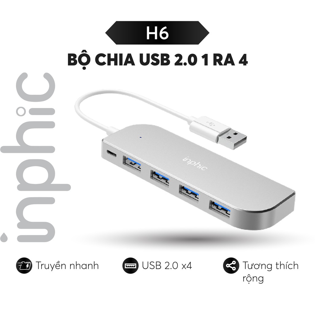 Hub USB 2.0 năm cổng INPHIC H6 hỗ trợ tất cả các dòng máy tính để mở rộng thêm cổng USB