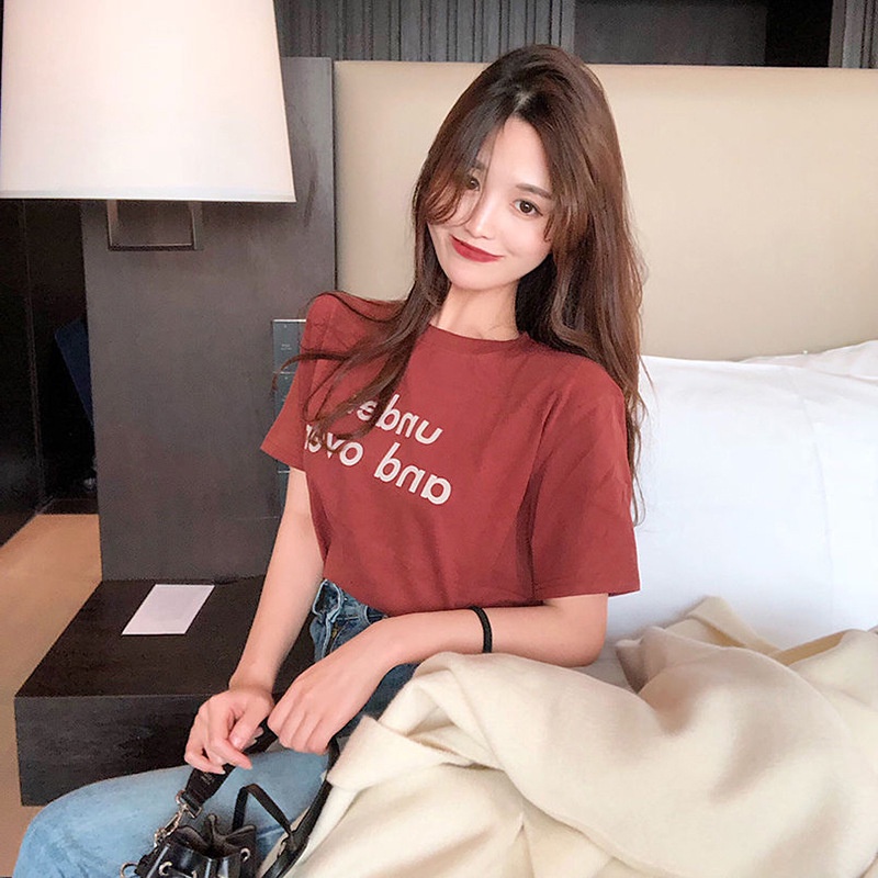 Áo thun IELGY cổ tròn ngắn tay dáng rộng in chữ phong cách Hàn Quốc thời trang hè cho nữ