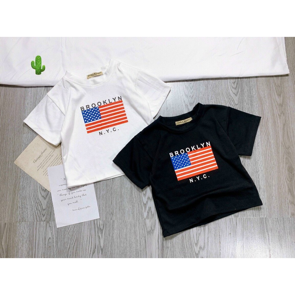 Áo thun nữ tay ngắn cổ tròn họa tiết lá cờ dáng croptop xinh chất thun đẹp mát