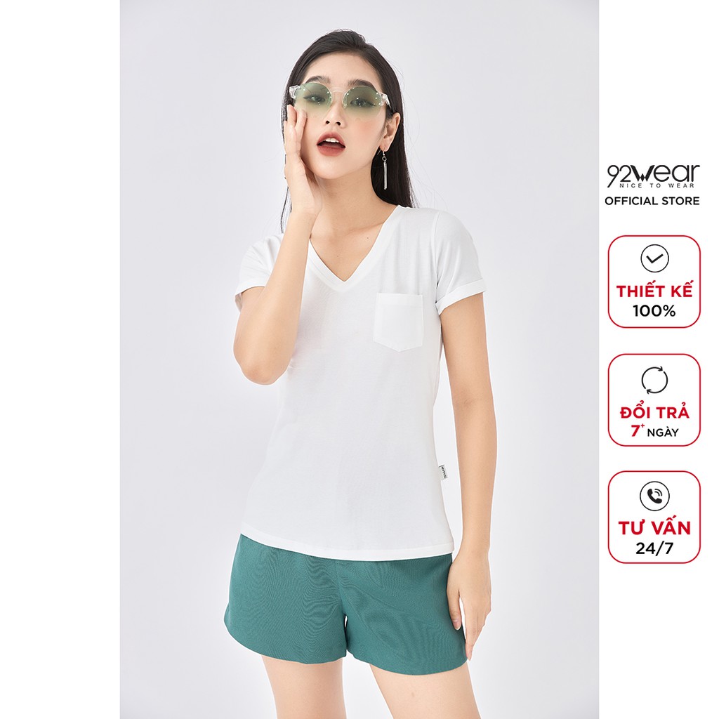 Áo thun cotton nữ 92WEAR form đẹp cổ tim có túi trơn hàn quốc đi chơi ngắn tay ATA1942