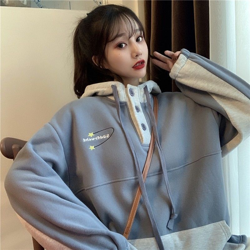 Áo hoodie dài tay màu sắc tương phản phong cách Hàn Quốc