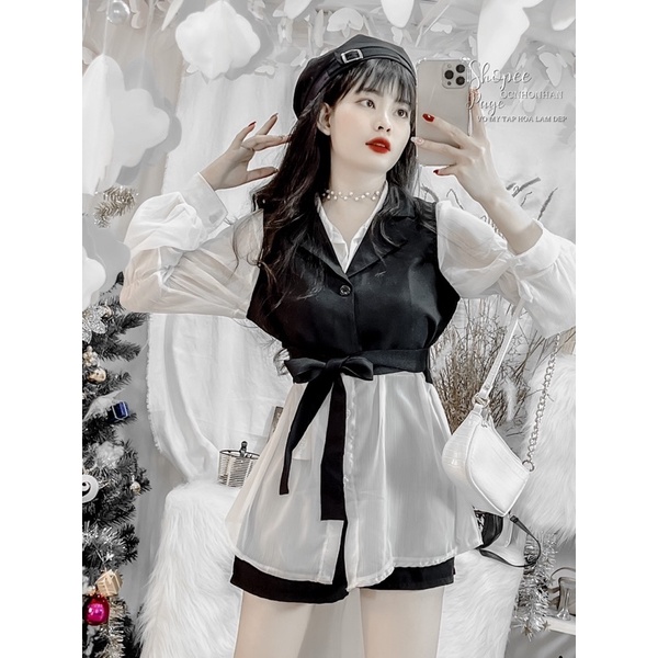 Set áo vest cột eo 3 món y hình