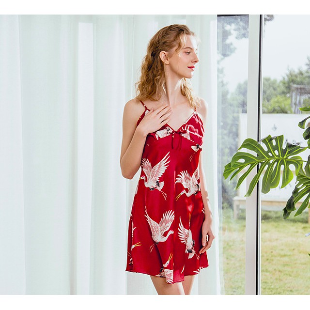 Váy ngủ đầm ngủ sleepwear lụa may cúp ngực satin loại dày dặn dễ thương hình flamingo hồng hạc