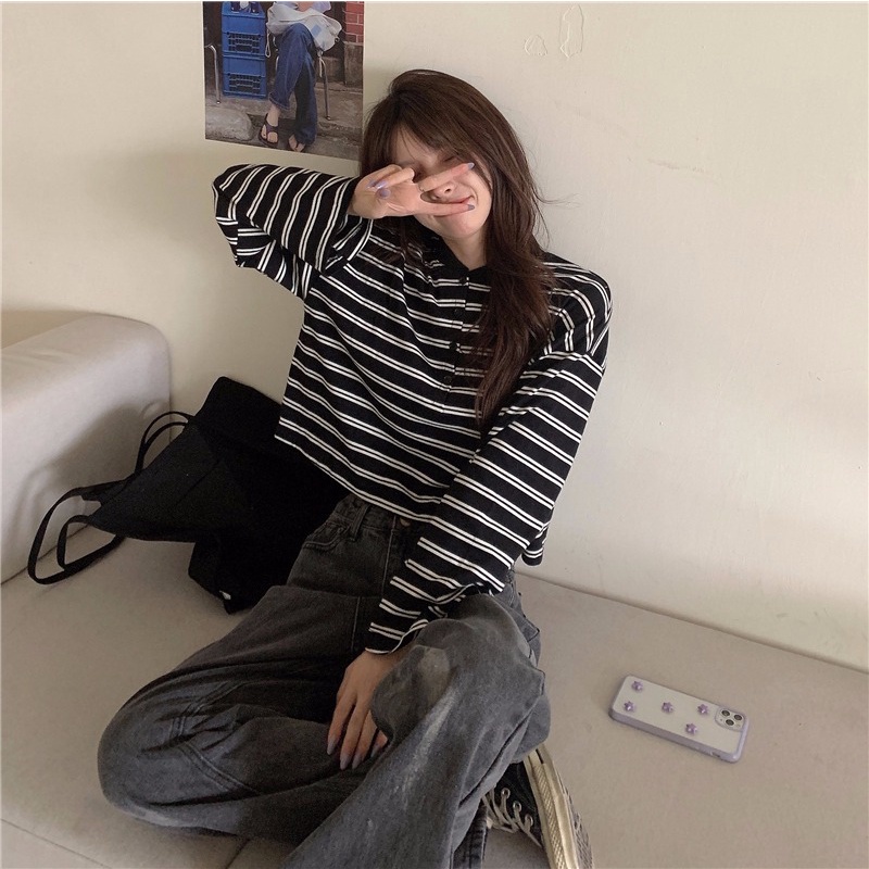 SUXI Áo polo Tay Dài Họa Tiết Kẻ Sọc Phong Cách Hàn Quốc Cổ Điển Thời Trang Cho Nữ