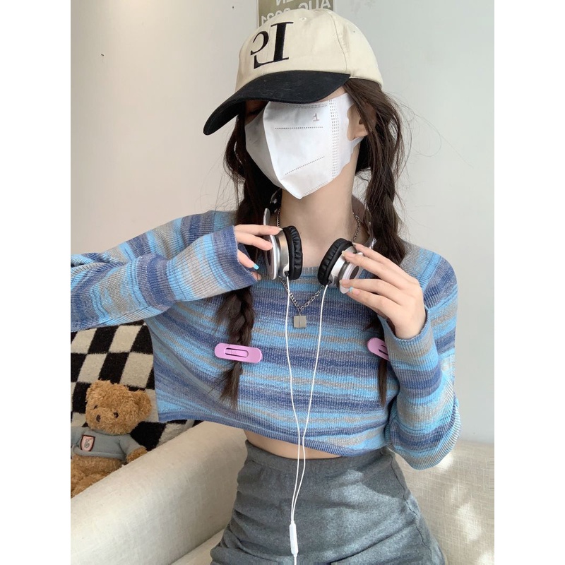 Jiashucheng Áo Thun Dệt Kim Dáng Rộng Eo Cao Kẻ Sọc Màu Gradient Kiểu Mỹ Xinh Xắn Cho Bạn Gái