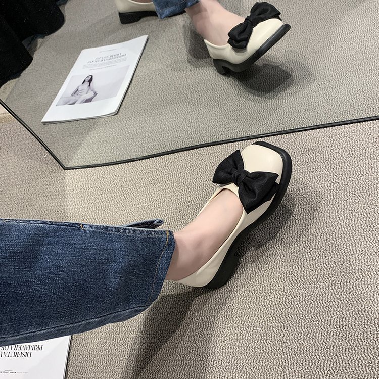 Giày Búp Bê Da Mũi Vuông Đính Nơ Phong Cách Anh Quốc Cho Nữ