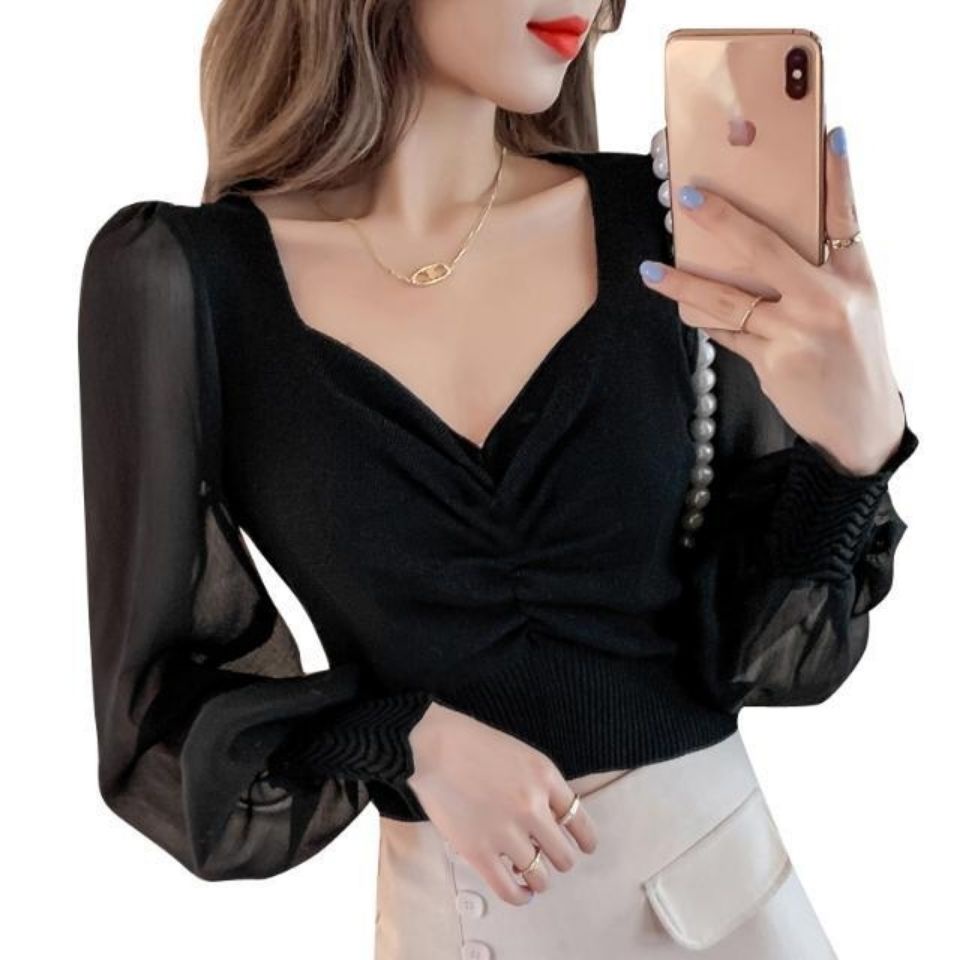 Áo Sweater Vải Lụa Lạnh Mỏng Cổ Vuông Tay Phồng Thời Trang Mùa Thu Mới 2022 Cho Nữ
