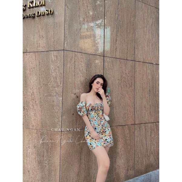 Váy body trễ vai, đầm body trễ vai chít eo thon sexy hoạ tiết hoa nhí