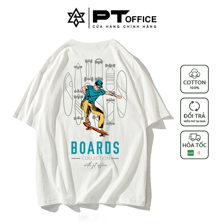 Áo Skater Street Wear BOARDS TRƯỢT VÁN tay lỡ cotton dáng rộng unisex (Đen, Trắng) - PT Office