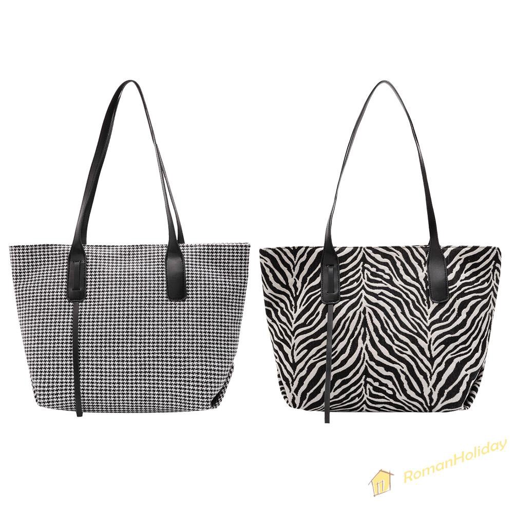 【On Sale】Retro Plaid Zebra Top-handle Bag Women Casual Canvas Shoulder Totes Clutch