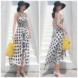 Đầm hai dây, váy maxi đi biển hoạ tiết in bi đen rút dây (kèm hình thật)
