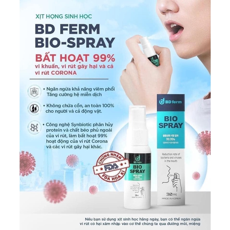 XỊT HỌNG SINH HỌC Bdferm Bio Spray  - diệt vi rút đến 99,9%