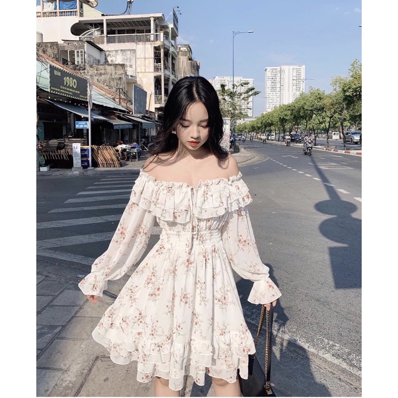 Đầm hoa nhí vintage SANJOLI váy voan hoa nhí trễ vai tay phồng, đi dự tiệc, đi chơi, đi làm thiết kế VD005 | BigBuy360 - bigbuy360.vn