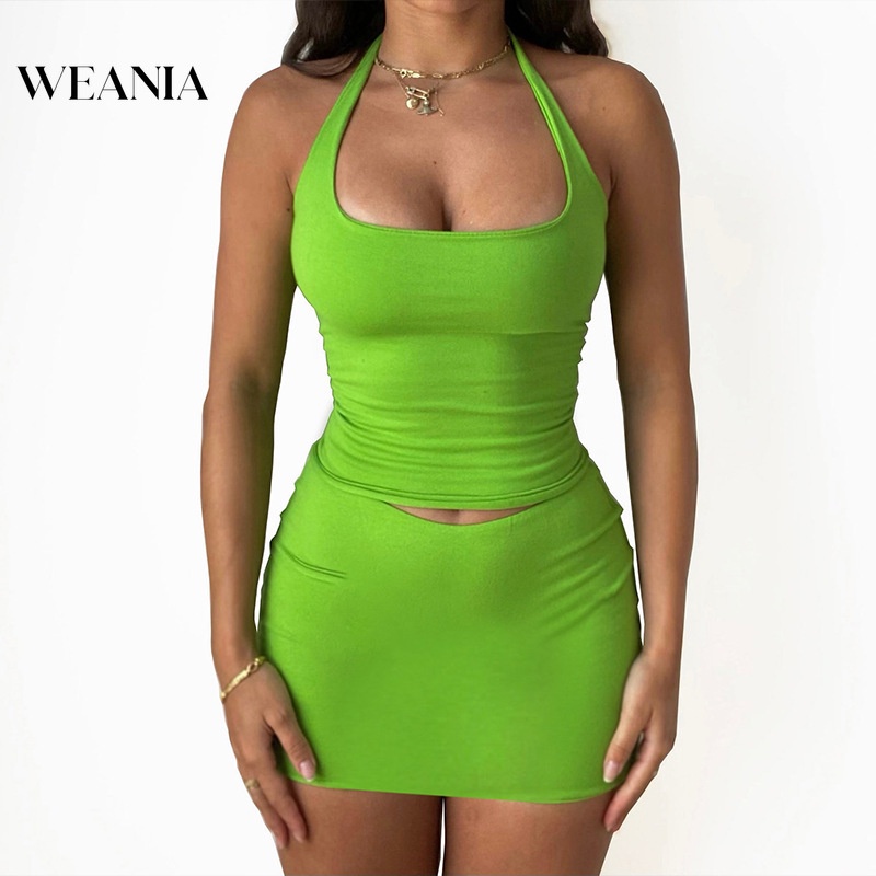 Set Áo Tank Top Hở Lưng + Chân Váy Lưng Cao Màu Trơn Phong Cách Quyến Rũ