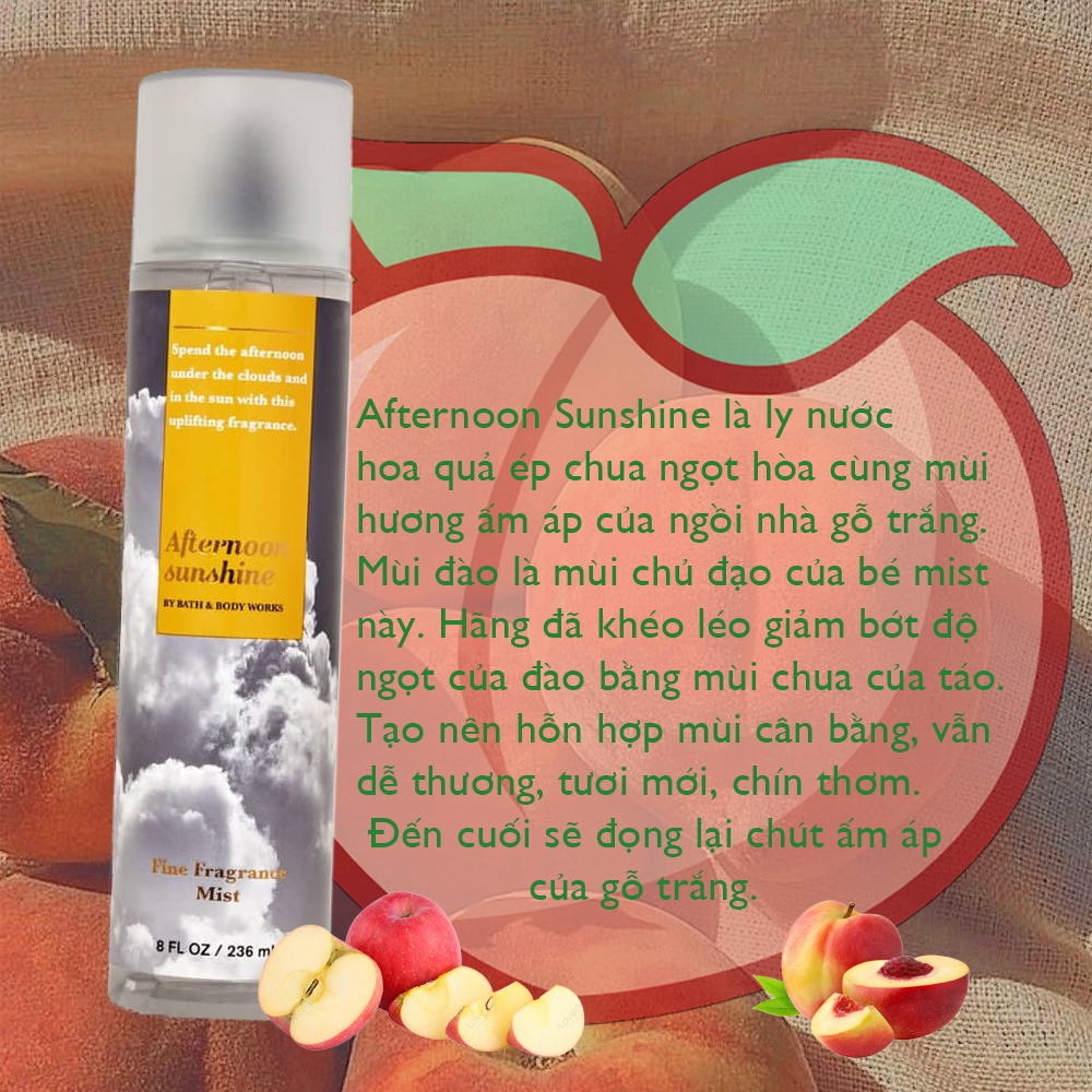 Afternoon Sunshine Body Mist Xịt Thơm Toàn Thân Bath & Body Works Hương Hoa Quả Ngọt Chua Tươi Mới Ấm Áp