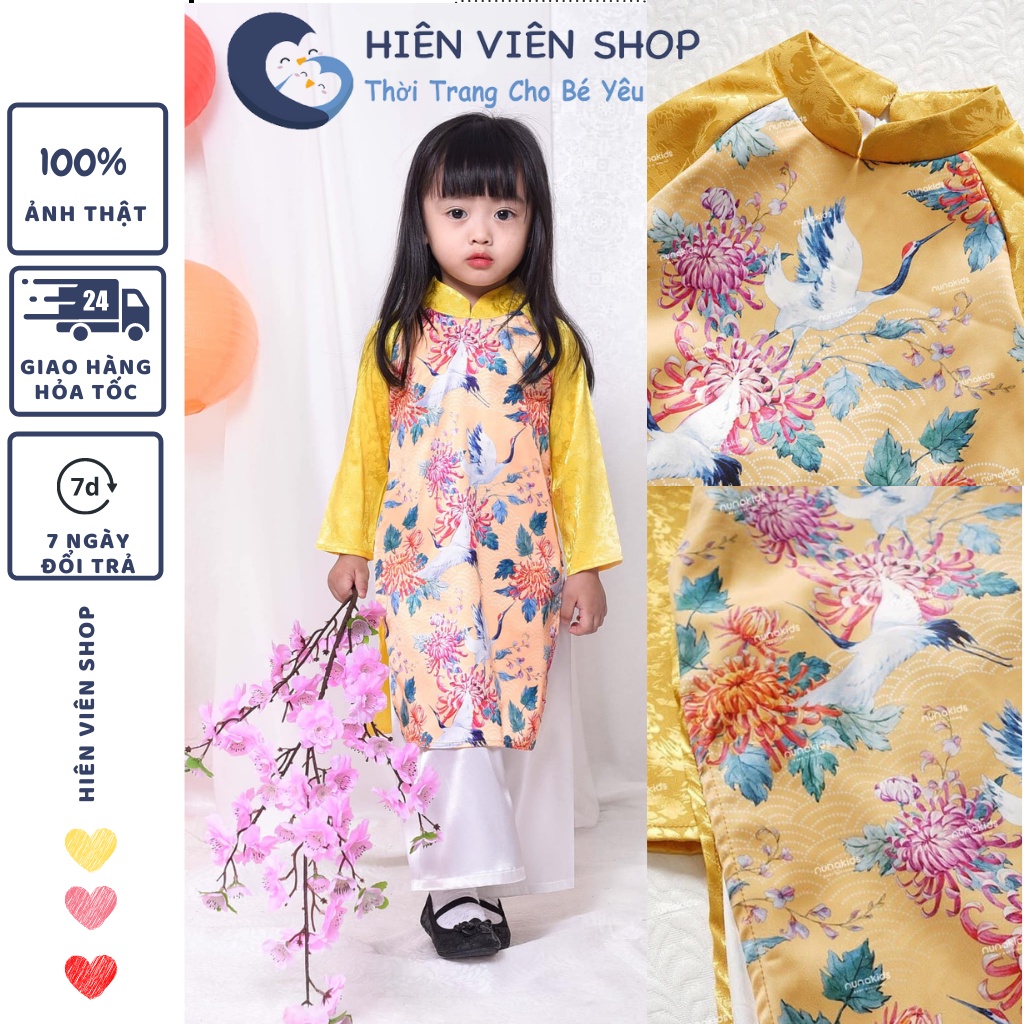 Áo dài cách tân cho bé gái Hiên Viên Áo dài Tết 2022 chất lụa gấm cao cấp hình hoa cúc  HVADTG02
