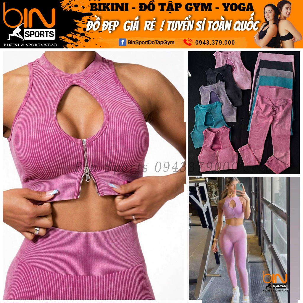 Set bộ thể thao tập gym yoga nữ dệt kim cao cấp áo bra khóa kéo kèm mút quần dài cạp cao chun mông Bin Sport BD141