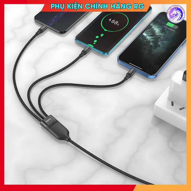 Cáp sạc nhanh và truyền dữ liệu 3 đầu 66W Hoco U104 hàng chính hãng bảo hành 12 tháng