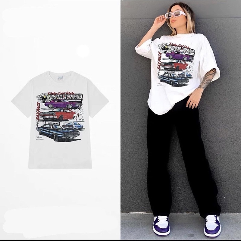 Áo phông - Áo thun nelly form rộng màu trắng tay lửng in hình xe 100% cotton