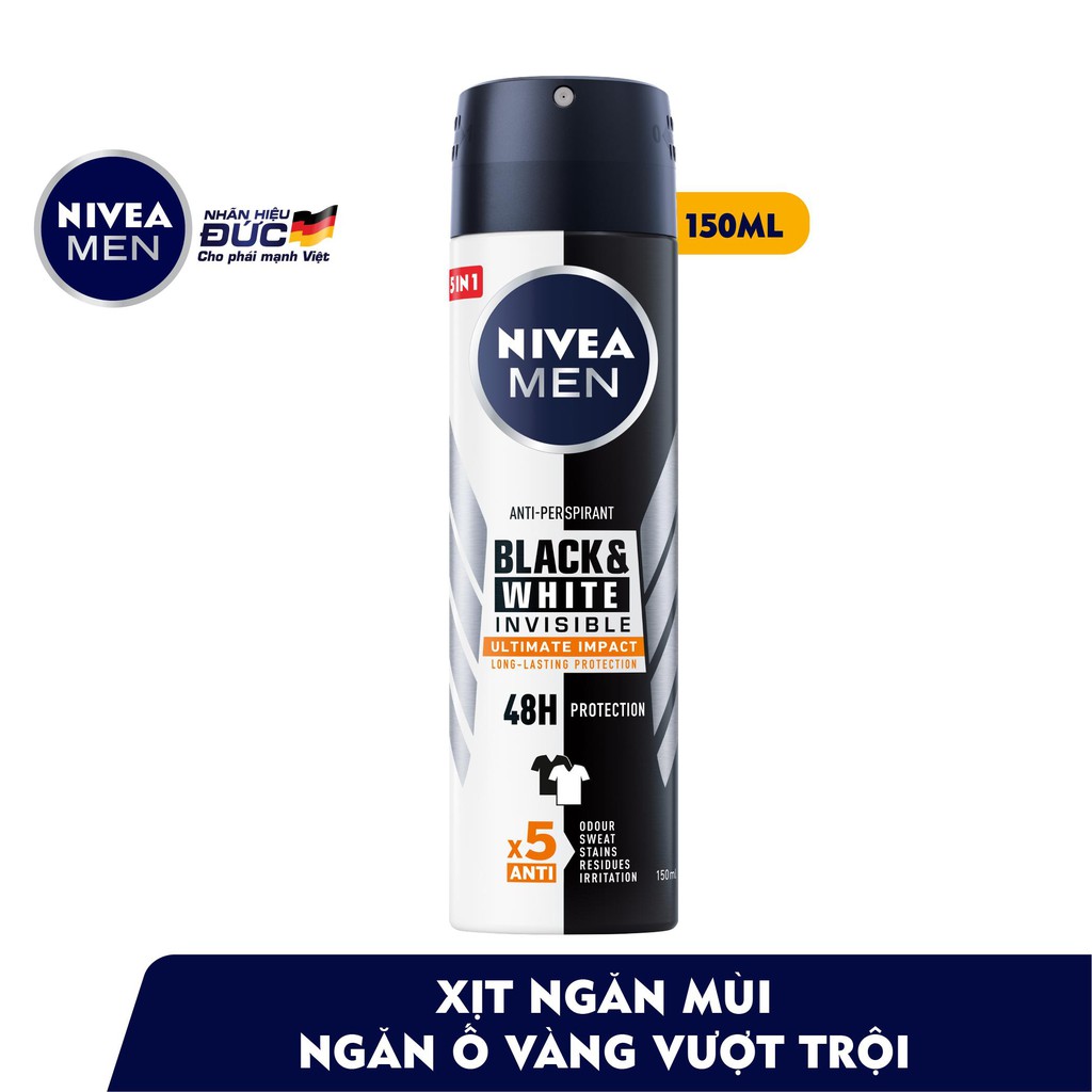 Xịt Ngăn Mùi 5in1 Ngăn Vệt Ố Vàng Vượt Trội NIVEA MEN BLACK & WHITE INVISIBLE ULTIMATE - Hương mạnh mẽ 150ml