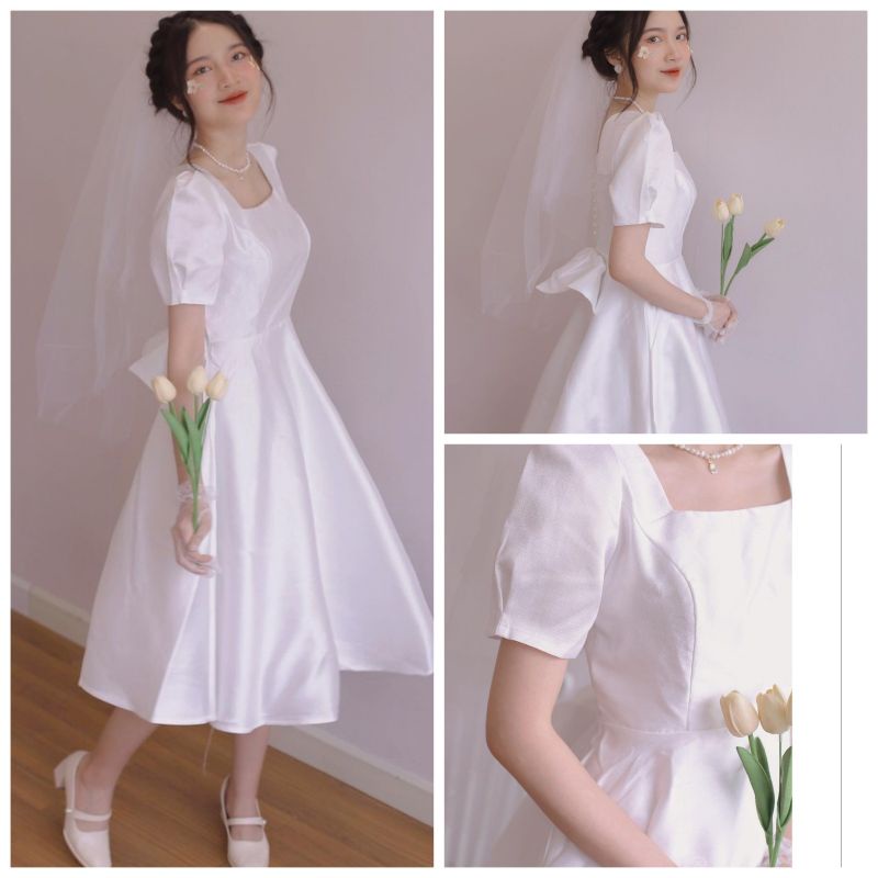 Váy trắng dự tiệc cô dâu nơ lưng siêu xinh kèm ảnh thật