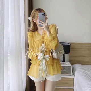 Sét Áo Babydoll Cổ Bèo Tay Bèo Kèm Quần Cộc Trắng Bốn Màu Cực Xinh