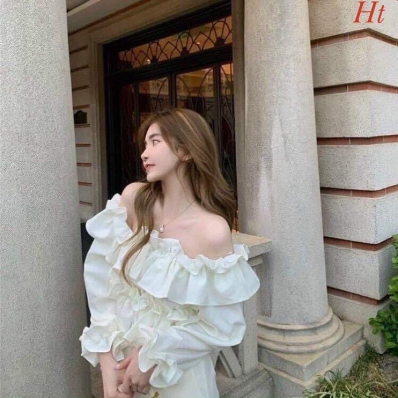 Áo trễ vai bánh bèo xếp lớp tay bồng H2A866