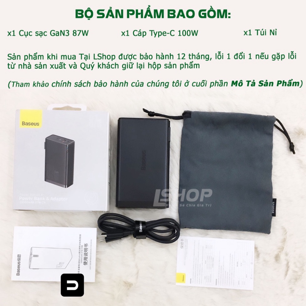 Bộ sạc có dây Baseus GaN3 Pro 87W cáp sạc 100W kiêm pin sạc dự phòng 10000mAh - 12 tháng BH