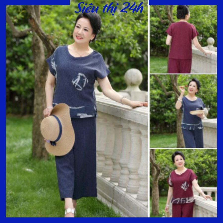 Đồ bộ nữ mặc nhà, quần áo trung niên cho bà cho mẹ Siêu thị 24 giờ, chất liệu Đũi mềm mát, form rộng thoải mái ĐBH.22